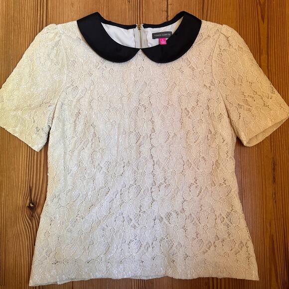 Vince Camuto white lace black collar tee SIZE S - Picture 3 of 5